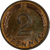 Germany - Federal Republic Bronze 1963 J 2 Pfennig Hamburg Mint Unc KM# 106 (80)