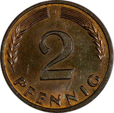 Germany - Federal Republic Bronze 1963 J 2 Pfennig Hamburg Mint Unc KM# 106 (80)