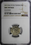 Tunisia Muhammad V Silver AH1334 (1915) A 50 Centimes NGC UNC DET.KM# 237 (040)