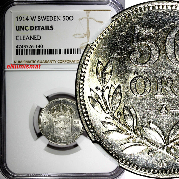 SWEDEN Gustaf V Silver 1914 W 50 Ore NGC UNC DETAILS SCARCE DATE KM# 788 (140)