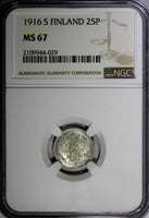 Finland Nicholas II Silver 1916 S 25 Pennia NGC MS67 GEM BU KM #6.2 (029)