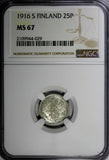 Finland Nicholas II Silver 1916 S 25 Pennia NGC MS67 GEM BU KM #6.2 (029)