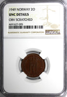 Norway Haakon VII Bronze 1949 2 Ore NGC UNC DETAILS  KM# 371  (095)