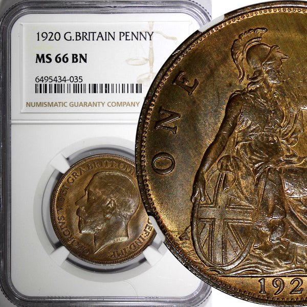 Great Britain George V Bronze 1920 1 Penny NGC MS66 BN TOP GRADED KM# 810 (35)