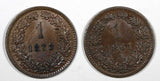 Austria Franz Joseph I Copper LOT OF 2 COINS 1861 A ,1878 Kreuzer XF KM#2186 (0)