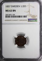 SWEDEN Oscar I Bronze 1857 1/2 Ore NGC MS62 BN BROWN KM# 686 (109)