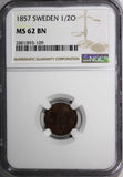 SWEDEN Oscar I Bronze 1857 1/2 Ore NGC MS62 BN BROWN KM# 686 (109)