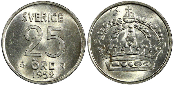 Sweden Gustaf VI Silver 1952 TS 25 Öre GEM BU COIN KM# 824 (22 012)