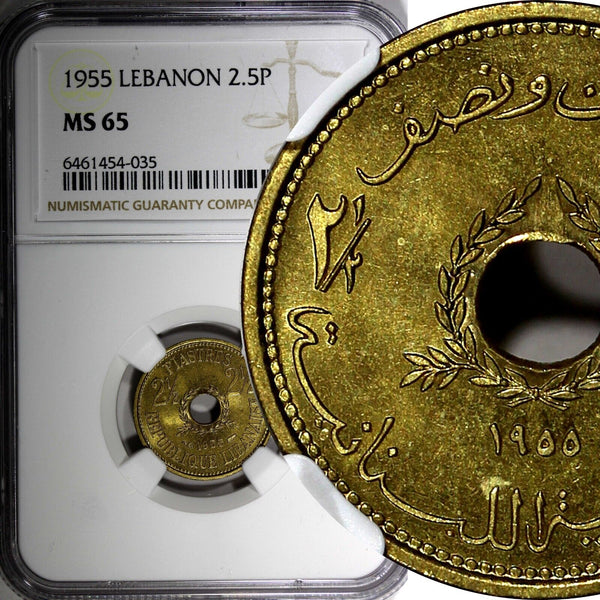 Lebanon Aluminium-Bronze 1955 2 1/2 Piastres NGC MS65 Paris Mint KM# 20 (035)