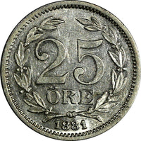 SWEDEN Oscar II Silver 1881 EB 25 Ore Large Letters KM# 739 (15 186)