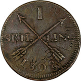 SWEDEN 1802 1 SKILLING OVERSTRUCK ON 2 ORE S.M. 1760  FULL EARLY DATE (17 113)