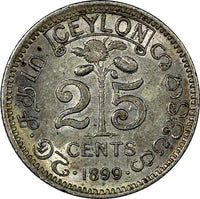 Ceylon Victoria Silver 1899 25 Cents Mintage-600,000 KM# 95 (20 531)