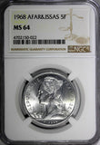 French Colonies Afars&Issas Aluminum 1968 5 Francs NGC MS64 TOP GRADED KM14(022)
