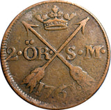 SWEDEN COPPER  Adolf Frederick 1761 2 Ore, S.M. KM# 461 (2330)