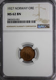 Norway Haakon VII Bronze 1927 1 Ore NGC MS62 BN SCARCE DATE KM# 367 (051)