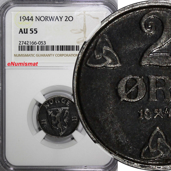 Norway Haakon VII Iron 1944 2 Ore NGC AU55 WWII Issue KM# 394 (053)