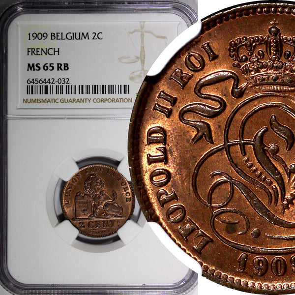 Belgium 1909 2 Centimes French Text NGC MS65 RB Last Year Type KM# 35.1 (032)