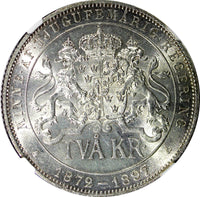 SWEDEN Silver Jubilee Oscar II 1897 EB 2 Kronor NGC MS64 NICE TONED KM# 762 (23)