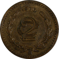 Mexico ESTADOS UNIDOS MEXICANOS Bronze 1906 2 Centavos XF KM# 419 (17 614)