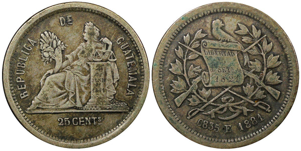 Guatemala Silver 1881 E 25 Centavos KM# 205.1 (22 591)