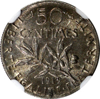 France Silver 1919 50 Centimes NGC AU58 MINT LUSTER KM# 854 (107)