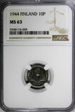 Finland Iron 1944 10 Penniä NGC MS63 WWII Issue KM# 34.1 (009)
