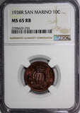 San Marino Bronze 1938 R 10 Centesimi NGC MS65 RB Mintage-400,000 KM# 13 (253)