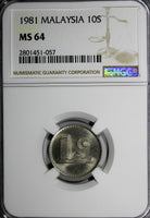 Malaysia Copper-Nickel 1981  10 Sen NGC MS64  KM# 3