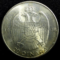 Yugoslavia Petar II Silver 1938 20 Dinara 1 Year Type KM# 23 (23 769)
