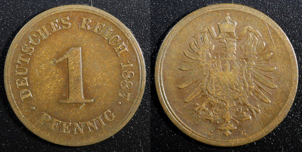 Germany - Empire Wilhelm I Copper 1887 G 1 Pfennig SCARCE DATE  KM# 1  (23 339)