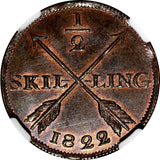 SWEDEN Carl XIV Johan 1822 1/2 Skilling Mint-944,000 NGC MS63 BN SCARCE KM# 596