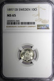SWEDEN Oscar II Silver 1897 EB 10 Ore NGC MS65 GEM BU SCARCE KM# 755 (045)