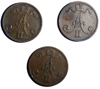 Finland Russia Alexander II Copper LOT of 3 COINS 1866 and 1867 5 Pennia KM# 4.1