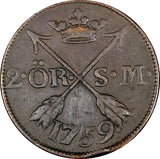 Sweden Adolf Frederick Copper 1759 2 Ore, S.M. Mintage-352,000 KM# 461 (21 344)