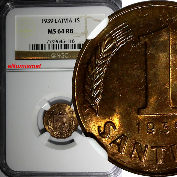 LATVIA Bronze 1939 1 Santims NGC MS64 RB Nice Red Toning BU KM# 10 (116)