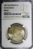 SWEDEN Silver Jubilee Oscar II 1897 EB 2 Kronor NGC MS63 NICE TONED KM# 762 (31)