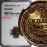 Sweden Oscar I Copper 1854 1/6 Skilling NGC MS64 RB 1 GRADED HIGHEST KM# 656 (4)