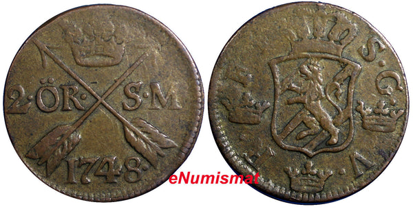 Sweden Frederick I 1748 2 Ore, S.M.Avesta Mint. Low Mintage-461,000 KM# 437 (08)