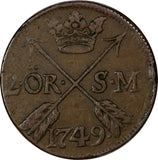Sweden Fredrik I Copper 1749 2 Ore, S.M.Silvermynt Mintage-313,000  KM# 437