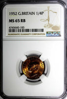 Great Britain George VI Bronze 1952 Farthing NGC MS65 RB KM# 867