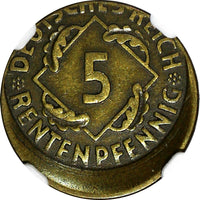 Germany-Weimar 1924 A 5 Rentenpfennig NGC MINT ERROR AU55 SCARCE KM# 32 (031)