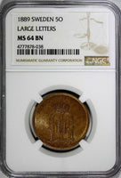 Sweden Oscar II Bronze 1889 5 Ore Large Letters NGC MS64 BN KM# 757