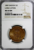 Sweden Oscar II Bronze 1889 5 Ore Large Letters NGC MS64 BN KM# 757