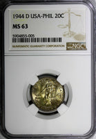 Philippines Silver 1944 D 20 Centavos NGC MS63 Nice Toning KM# 182 (005)