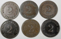 Germany - Empire Wilhelm I LOT OF 6 COINS 1876-1877 2 Pfennig KM# 2 (19 193)