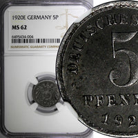 Germany - Empire Iron 1920 E 5 Pfennig Better Date NGC MS62 TOP GRADED KM# 19(4)