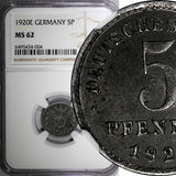 Germany - Empire Iron 1920 E 5 Pfennig Better Date NGC MS62 TOP GRADED KM# 19(4)