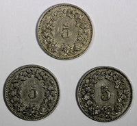 Switzerland LOT OF 3 COINS 1880-1899  5 Rappen BETTER SCARCE DATES KM# 26 (731)