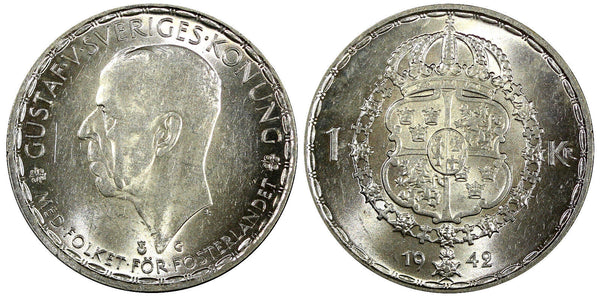 Sweden Gustaf V Silver 1942 G 1 Krona UNC Light Toned 25mm KM# 814 (22 113)