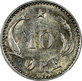 DENMARK Christian IX Silver 1894 VBP 10 Øre 1st Date Type.RARE DATE KM# 795.2(3)